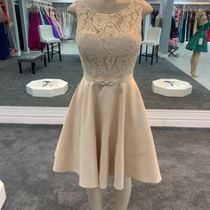 Elegant Laced Sweetheart Skater Skirt Gown. Fitted Cream Dress For Prom Season, Cream Bridesmaid Dress With Lace Bodice, Beige Lace Bridesmaid Dress, Bridesmaid Beige Lace Dress, Beige Knee-length Wedding Dress, Cream Party Dress With Lace Bodice, Beige Bridesmaid Dress With Lace Bodice, Fitted Beige Prom Dress, Fitted Beige Dress For Prom Season