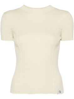 light beige organic cotton fine ribbed mock neck short sleeves straight hem