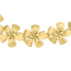 14K Yellow Gold Plumeria Bracelet. The bracelet measures approximately 7". Each Plumeria flower measures approximately 3/8" in width. Hawaiian Flower Bracelet, Plumeria Bracelet, Hawaiian Flower, Hawaiian Flowers, Fine Jewels, Gorgeous Bracelet, Flower Bracelet, Link Bracelets, Blossom