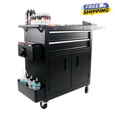 a black cart with bottles on it and the words free shipping