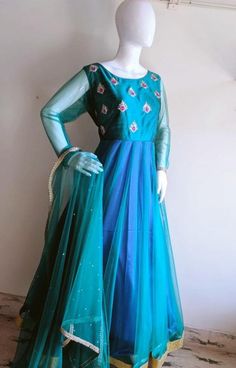 Peacock blue green anarkali with hand embroidery | Etsy Green Chanderi Gown For Reception, Green Floor-length Churidar For Reception, Green Raw Silk Anarkali Churidar, Green Anarkali Designer Gown, Green Churidar For Reception And Festivals, Designer Green Chanderi Gown, Green Chanderi Gown For Navratri, Embroidered Green Churidar For Reception, Green Silk Gown With Traditional Drape