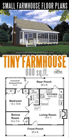 the tiny farmhouse house plan is shown in two different colors and features an open floor plan with