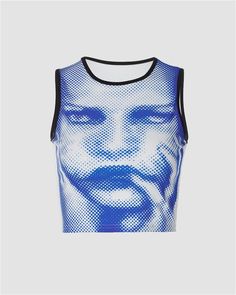 Details: Tank top with human face graphical print designTop Length: CroppedSleeve Length: SleevelessMaterials:95% Polyester + 5% Spandex Blue Printed Tops For Streetwear, Blue Stretch Crop Top For Streetwear, Fitted Sleeveless Top With Screen Print, Trendy Blue Tank Top For Streetwear, Fitted Blue Crop Top With Graphic Print, Blue Graphic Print Tank Top For Spring, Spring Blue Graphic Print Tank Top, Blue Crew Neck Tank Top For Streetwear, Casual Blue Graphic Print Tank Top