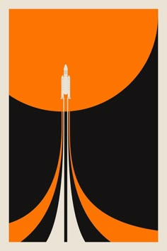 an orange and black poster with a space shuttle on it's back end in the distance