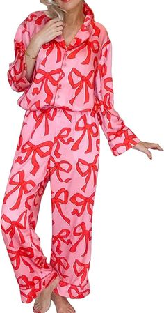 MAINESAKA Womens Button Down Pajamas Set Long Sleeve Bow/Heart Print Button Up Shirt Lounge Pants y2k Pjs Cute Sleepwear (Bow, M) at Amazon Women’s Clothing store Cute Sleepwear, Bow Print, Cute Pants, Sleepwear Sets, Print Pajamas, Pajamas Set, Long Sleeve Pyjamas, Printed Pants, Sleepwear Women