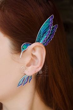 Hummingbird Inspired Outfit, Ear Hook Earrings, Ear Cuff Styling, Short Hair Color Ideas Blue, Hummingbird Accessories, Hummingbird Fashion, Hummingbird Dress, Ear Cuff Diy, Bird Ears