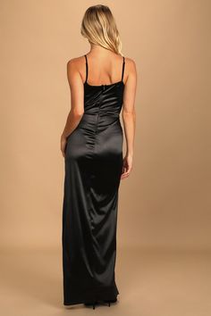 A memorable night starts with the Lulus Meant to be Romanced Black Satin Column Maxi Dress! Sleek and stretchy satin shapes this dress that has adjustable spaghetti straps, a straight neckline, and a fitted bodice with darting. A high waist tops a column maxi skirt for a stunning finish. Hidden back zipper/clasp. Fit: This garment fits true to size. Length: Floor length. Size medium measures 52.5" from adjustable straps to hem. Bust: Great for any cup size. Waist: Fitted - very fitted at natural Satin Dress With Adjustable Spaghetti Straps For Night Out, Spaghetti Strap Satin Finish Maxi Dress For Night Out, Fitted Slip Dress With Ruched Back For Party, Slip Dress With Spaghetti Straps For Night Out, Satin Slip Dress With Sweetheart Neckline For Date Night, Sleek Satin Dress With Spaghetti Straps For Party, Sleek Fitted Slip Dress For Dinner, Evening Bodycon Slip Dress With Spaghetti Straps, Black Satin Slip Dress For Prom