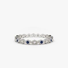 14k Sapphire Art Deco Wedding Band – FERKOS FJ Diamond Eternity Wedding Band, Silver Ring Band, Sophisticated Art, Art Deco Wedding Band, Sapphire Wedding Band, Wedding Silver, Round Sapphire, White Gold Sapphire, Gold Gemstone Ring