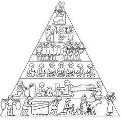 a drawing of a pyramid with people and animals on it, all in black and white