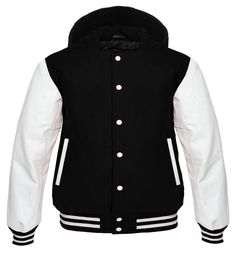 Hooded Varsity Lettermen baseball Jacket Black with White Genuine Leather Sleeves Custom Letterman Varsity Jacket Design, School Jacket, Hoodie Jacket Women, Biker Jacket Men, Royal Clothing, Retro Sports, Leather Sleeves, Wholesale Shirts, Leather Sleeve