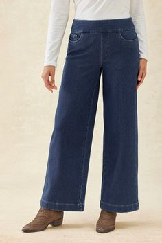 A fresh new style in our so-comfortable knit denim, updated with a modern leg shape. Our wide-leg jeans feature a flat pull-on waistband, with faux fly and 5-pocket styling. | Women's Knit Denim Wide-Leg Jeans - Medium Wash - 18W Wide Leg Jeans Outfits, Wide Leg Jeans Outfit, Knit Denim, Knitting Women, Wide Leg Denim, Petite Size, Blackheads, Jean Outfits, Wide Leg Jeans