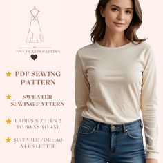 a woman in jeans and a white top with the text, sewing pattern for women's sweaters