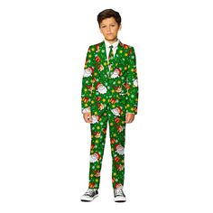 This Suitmeister green Christmas suit will definitely be loved by the entire family and will make your little man stand out during Christmas dinner. The print contains everything Christmas, like presents, trees, elves and, of course, Santa. This Suitmeister green Christmas suit will definitely be loved by the entire family and will make your little man stand out during Christmas dinner. The print contains everything Christmas, like presents, trees, elves and, of course, Santa. 3-piece set includ Winter Costume Suits With Long Sleeves, Winter Party Green Suit, Green Winter Party Suit, Green Holiday Sets For Winter Season, Green Holiday Sets For Winter, Green Winter Holiday Sets, Green Christmas Holiday Sets, Holiday Green Long Sleeve Sets, Festive Green Fitted Suits