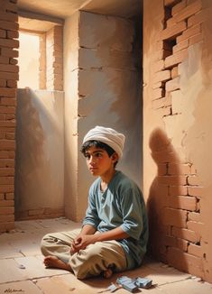 a painting of a boy sitting on the floor