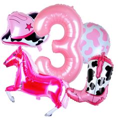 PRICES MAY VARY. WESTERN PARTY BALLOONS| 5 PCS PACK: 1 x 32" pink number 3 balloon, 1 x 29" pink horse balloon, 1 x 20" cowgirl hat balloon, 1 x 22* cowgirl boot balloon, 1 x 18" cow print balloon, 1 x 32ft ribbon, 1 x straw. ALL IN ONE DESIGN |WESTERN THEME BALLOONS: Mainly in pink colors, combine birthday and wild west yee haw elements, fashionable and fun, full of rodeo atmosphere, stylish western cowgirl birthday balloons. WIDE OCCASSIONS | COWGIRL PARTY DECOR: The pink rodeo balloons, amazing for girls 3rd birthday party, disco cowgirl birthday party, western cowgirl theme party, highland cow party, farm birthday party, last rodeo birthday party, western party decorations, lets go girls party decorations. STURDY MATERIAL | EASY ASSEMBLY: The girls 3rd birthday balloons, made of sturdy Lets Go Girls Party, Rodeo Birthday Party Decorations, Rodeo Balloons, Moo Moo Im Two, Cowgirl Balloons, Highland Cow Party, Disco Cowgirl Birthday Party, 1st Rodeo Birthday Party, Birthday Party Disco