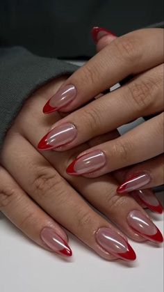 Chrome French, Chrome Nails Designs, Red French, Pink Chrome, Almond Acrylic Nails