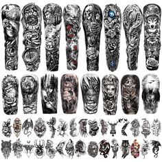 an assortment of tattoos and body art designs on the arm, shoulder, leg and hand