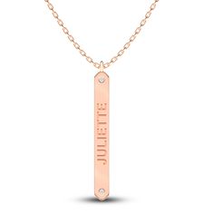 This classic nameplate style pendant necklace from the Juliette Maison collection features an engravable name or word of your choice (up to 8 upper-case letters), hugged by two dainty round diamonds. Wear it as a statement or expression of love for a person or place you want to keep close to you always. Fashioned in 10K rose gold, the 18-inch chain secures in place with a lobster clasp. This necklace may be personalized with 1 to 8 letters. Elegant Nameplate Necklace With Engraving Option, Classic Rose Gold Nameplate Necklace, Elegant Engraved Rose Gold Name Necklace, Elegant Pendant Name Necklace With Engraving Option, Rose Gold Nameplate Necklace For Personalized Gift, Classic Personalized Rose Gold Necklace, Personalized Classic Rose Gold Necklace, Classic Rose Gold Nameplate Jewelry, Rose Gold Name Necklace For Anniversary