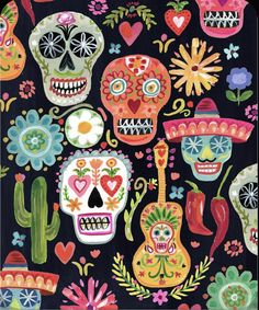 an image of mexican skulls with flowers and hearts on black background, painted in bright colors