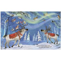 a painting of two reindeers in the snow with trees and birds flying above them