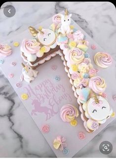 a unicorn themed birthday cake on top of a table