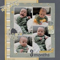 a scrapbook page with three pictures of a baby