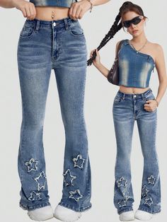 Details:Pocket \nFit Type:Skinny \nDetails:Zipper \nClosure Type:Zipper Fly \nColor:Medium Wash \nPattern Type:Plain \nType:Flare Leg \nWaist Line:Natural \nLength:Long \nFabric:Medium Stretch \nMaterial:Denim \nComposition:52% Cotton \nComposition:28% Polyester \nComposition:18% Viscose \nComposition:2% Elastane \nCare Instructions:Machine wash, do not dry clean \nBody:Unlined \nSheer:No \n Jeans With Star, Butterfly Jeans, Y2k Stuff, Thrifted Clothes, Geometric Butterfly, Clothes Hacks, Girl Y2k, Girls Fall Outfits, Styl Boho