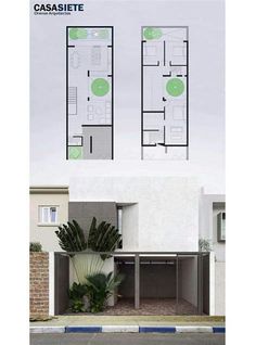 the floor plan for this modern house is shown in two separate sections, with an attached garage