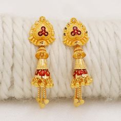 Please click -- Learn more about this item -- below for a full description 22k gold earrings jewelry set handmade jewelry made in India metal is genuine gold, metal purity is 22 karat gold weight is 6.33 grams approx. length is 4.4 centimeter width is 1.2 centimeter approx. please note the earrings comes with normal slicon/metal backs, if you want real gold screw you may contact after purchase, gold screw can be provide at extra cost. Handmade genuine gold jewelry from india. please feel free to Dual-tone Earrings For Puja And Festivals, Gold Jhumkas As Gift, Festive Yellow Gold Danglers As A Gift, 22k Gold Jhumkas As Gift, 22k Gold Temple Jewelry Earrings As Gift, 22k Gold Temple Jewelry Danglers As Gift, Yellow Gold Temple Jewelry Jhumkas For Anniversary, Anniversary Yellow Gold Temple Jewelry Jhumkas, Hallmarked 22k Gold Danglers As Gift