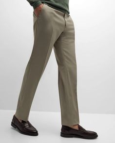 Men's solid wool pants by Brioni.Regular rise.Flat front.Side slip pockets.Back welt pockets.Full length.Straight legs.Button tab/zip closure; belt loops.Dry clean Made in Italy Model is 6'1'/185cm. Wool Dress Pants With Belt Loops For Business, Wool Dress Pants With Belt Loops For Semi-formal Events, Tailored Straight Leg Chinos For Formal Wear, Tailored Straight Leg Chinos For Formal Occasions, Elegant Chinos With Belt Loops And Straight Hem, Business Casual Straight Chinos With Belt Loops, Tailored Dress Pants With Belt Loops And Flat Front, Business Wool Pants, Solid Color Straight Leg Chinos For Formal Occasions