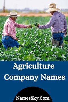 two men standing in a field holding hands with the words agriculture company names above them