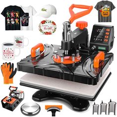 an orange and black turntable surrounded by other items such as gloves, t - shirts, scissors, etc