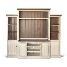 a white entertainment center with wood paneling and built - in shelving unit,