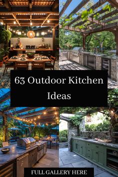 an outdoor kitchen with lots of lights and lighting on the ceiling is surrounded by greenery