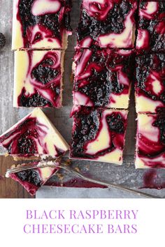 black raspberry cheesecake bars are cut into squares and placed on top of each other