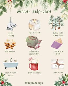 a poster with christmas items on it and the words winter self care written in english