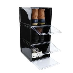 three tiered shoe rack with two pairs of shoes