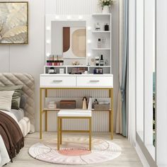 a bedroom with a bed, dressing table and mirror in the corner next to it