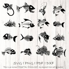 several different types of fish in black and white on a wooden background with the words svg