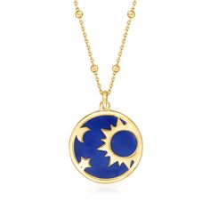 Ross-Simons - Italian Blue Enamel Celestial Necklace in Gold Over Sterling. 18". Your great style? It's written in the stars. Embrace a celestial spirit with our charming necklace from Italy, featuring midnight blue enamel and a trio of symbols inspired by the skies above. Finely crafted in 18kt yellow gold over sterling silver. Satin and polished finishes. Cable chain features petite bead stations and a 2" extender. Lobster clasp, blue enamel celestial necklace. Blue Celestial Necklaces With Sun And Moon Design, Blue Sun And Moon Pendant Necklace, Celestial Blue Round Necklaces, Blue Celestial Round Necklaces, Celestial Blue Necklaces, Celestial Spirit, Italian Blue, Celestial Necklace, Written In The Stars