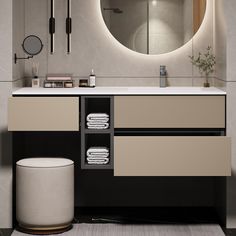 a bathroom with a round mirror above the sink