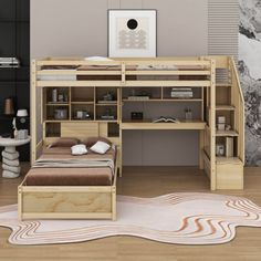 a bedroom with a bed, desk and shelves on the wall next to a rug