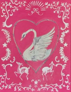 a painting of a white swan in a pink heart with an ornament around it