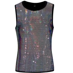 This shiny sleeveless shirt has a sequin pattern, crew neck, glitter design, and shiny party metallic tank tops. The glitter sequin metallic tank tops can make your outfit more trendy and eye-catching. You can pair the sequin tank tops with slim trousers, mesh t-shirts, and leather sneakers for fashion shows, parties, and summer celebrations. Shiny Disco Tops For Summer, Metallic Tank Top For Summer, Silver Sleeveless Tank Top For Club, Silver Fitted Tank Top For Party Season, Disco Style Tank Top For Club And Party Season, Disco Style Tank Top For Club Parties, Shiny Summer Club Tops, Metallic Sleeveless Disco Tank Top, Disco Style Sleeveless Club Tops