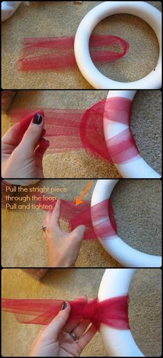 the instructions to make a wreath out of strips of red ribbon and white plastic tube