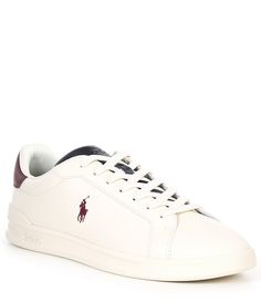 From Polo Ralph Lauren&#x2C; the Men's Heritage Court II Sneakers feature: Leather upperRounded toeReinforced heel with contrast heel tabSignature Pony embossed at the side“Polo” embossed at the tongue and debossed at the heelLace-up frontTongue and collar lined with meshDouble-faced liningPadded mesh insoleEVA midsoleTextured rubber outsoleImported. Ralph Lauren Shoes Mens, Shoes Old Money, Classic American Style, Ralph Lauren Kids, Ralph Lauren Shoes, Ralph Lauren Collection, Dream Board, Dillard's, Polo Ralph Lauren Mens