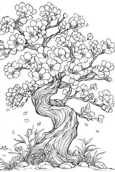 Intricate cherry blossom tree template ideal for watercolor and art projects. Cherry Blossom Drawing, Multi Media Art, Tree Template, Dandelion Art, Spring Coloring Pages, Floral Doodle