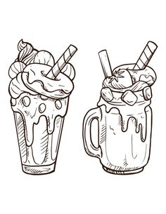 two cups filled with ice cream and chocolate milkshakes, hand drawn doodle style