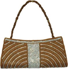 Raw Sienna Golden Beaded Bohemian Purse - A very high quality, sturdy formal party purse embellished with golden beads and rhinestones make it look elegant and chic. The center is entirely embedded with shiny rhinestones. It has a twisted golden brown chain made entirely of small beads to hold the purse with three bigger transparent beads inserted in it. You can also carry it simply in your hand like a clutch. A chic accessory for an occasional evening, a wedding, a party or a dinner date! A per Festive Sequined Bags For Reception, Gold Beaded Bags For Reception, Festive Beaded Evening Bag For Reception, Embellished Evening Bag For Festivals And Receptions, Festive Embellished Evening Bag For Receptions, Gold Evening Bag For Receptions And Festivals, Elegant Beaded Clutch For Festivals, Festive Gold Beaded Evening Bag, Festive Gold Beaded Bag