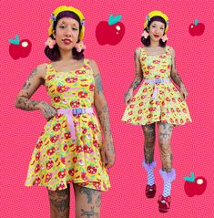 Cute worms love bright red apples Wearing a size XS, please see photos for fit reference and measurements!  A sleeveless skater dress, with a soft fabric and flared skirt. * 82% polyester, 18% spandex * Fabric weight: 6.78 oz/yd² (230 g/m weight may vary by 5% * Smooth and elastic fabric * Mid-thigh length flared skirt * Elastic waistline * Overlock seams, coverstitch hemline * Blank product components sourced from China This product is made especially for you as soon as you place an order, whic Vibrant Multicolor Sleeveless Mini Dress, Multicolor Knee-length Mini Dress With Vibrant Print, Yellow Printed Sleeveless Mini Dress, Fit Reference, Apple Dress, Bad Apple, Red Apples, Elastic Fabric, Flared Skirt